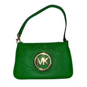 Michael‎ Kors Fulton Leather Wristlet Pear Green Gold Logo pebbled leather